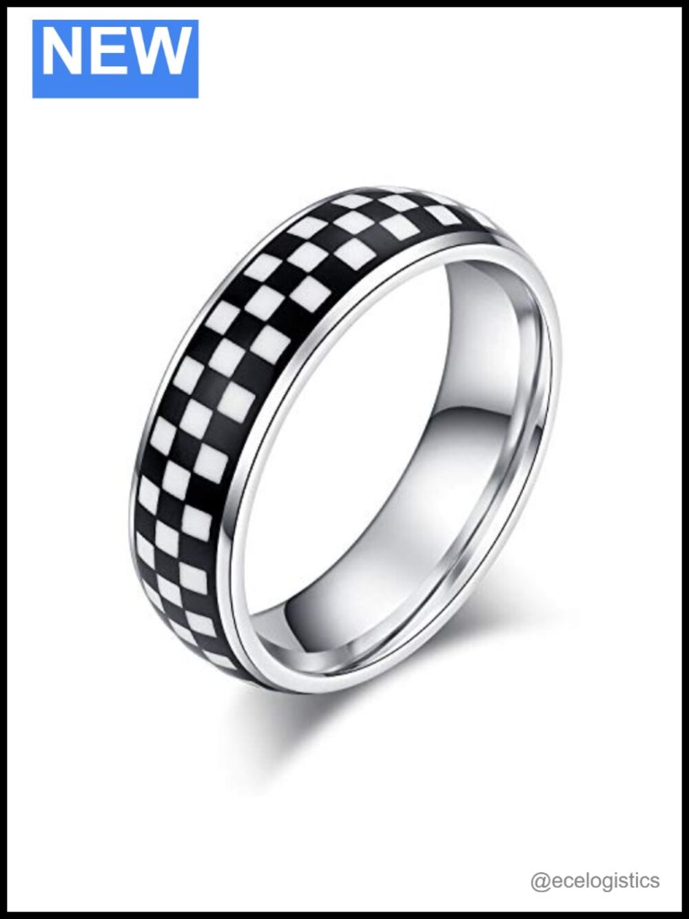 Sterling Silver Domed Wedding Band Black White Blocks Ring